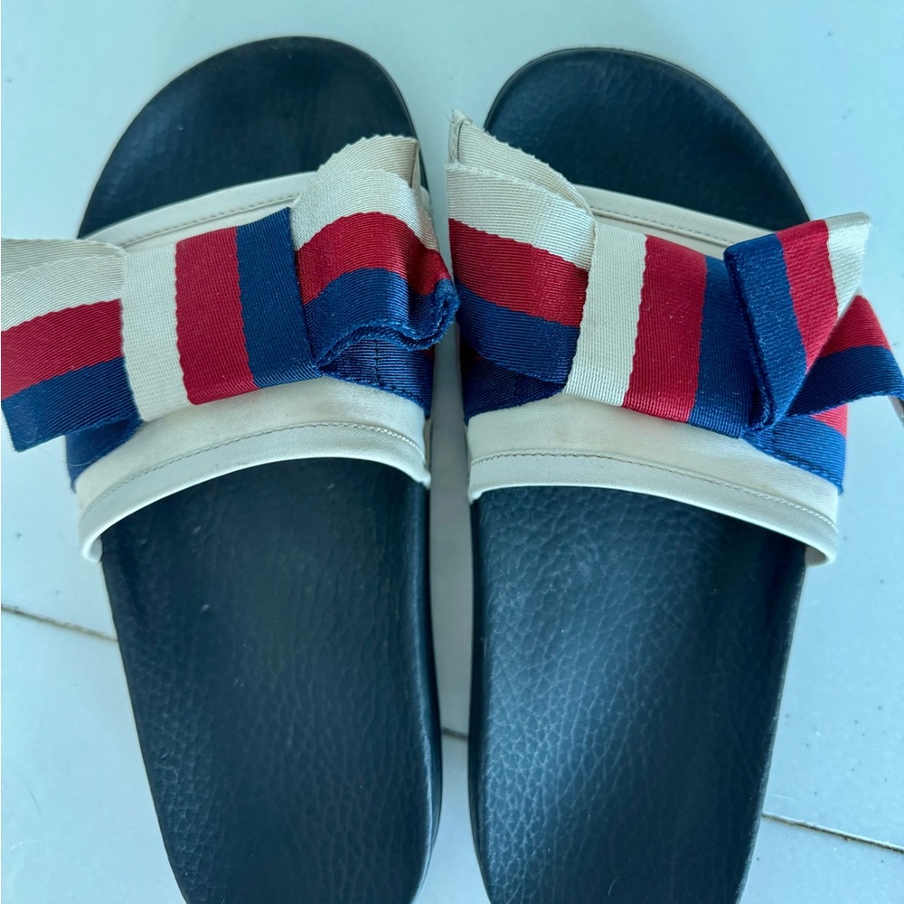 GUCCI Sylvie Web Bow Satin Slides - Picture 10 of 12
